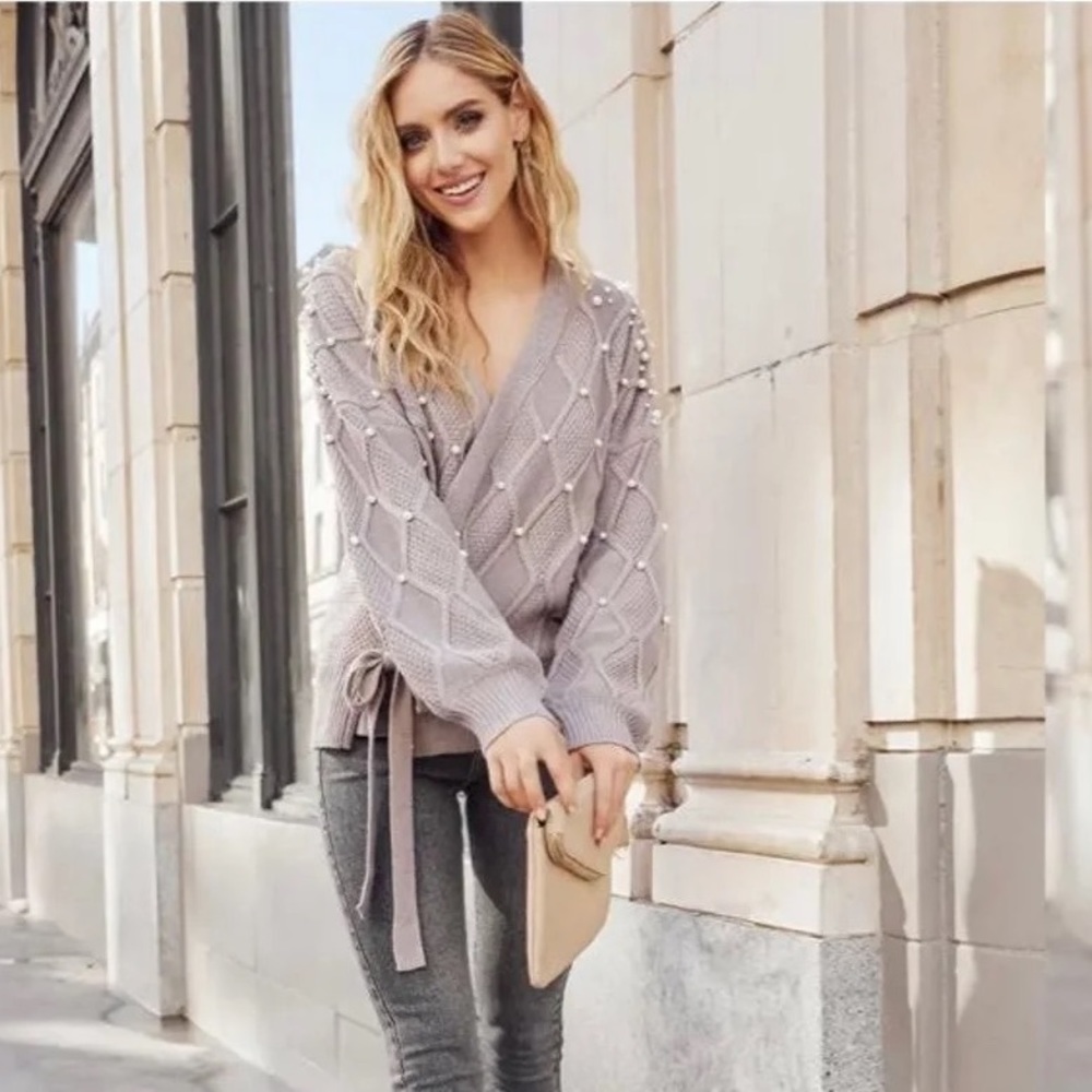 VICI COLLECTION 
Embellished Wrap Sweater - Ash Grey